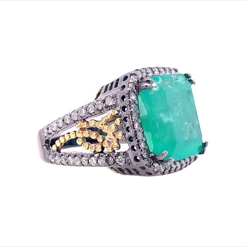 Mixed Cut RUCHI 11.63 Carat Colombian Emerald & Diamond Black Gold Cocktail Ring For Sale