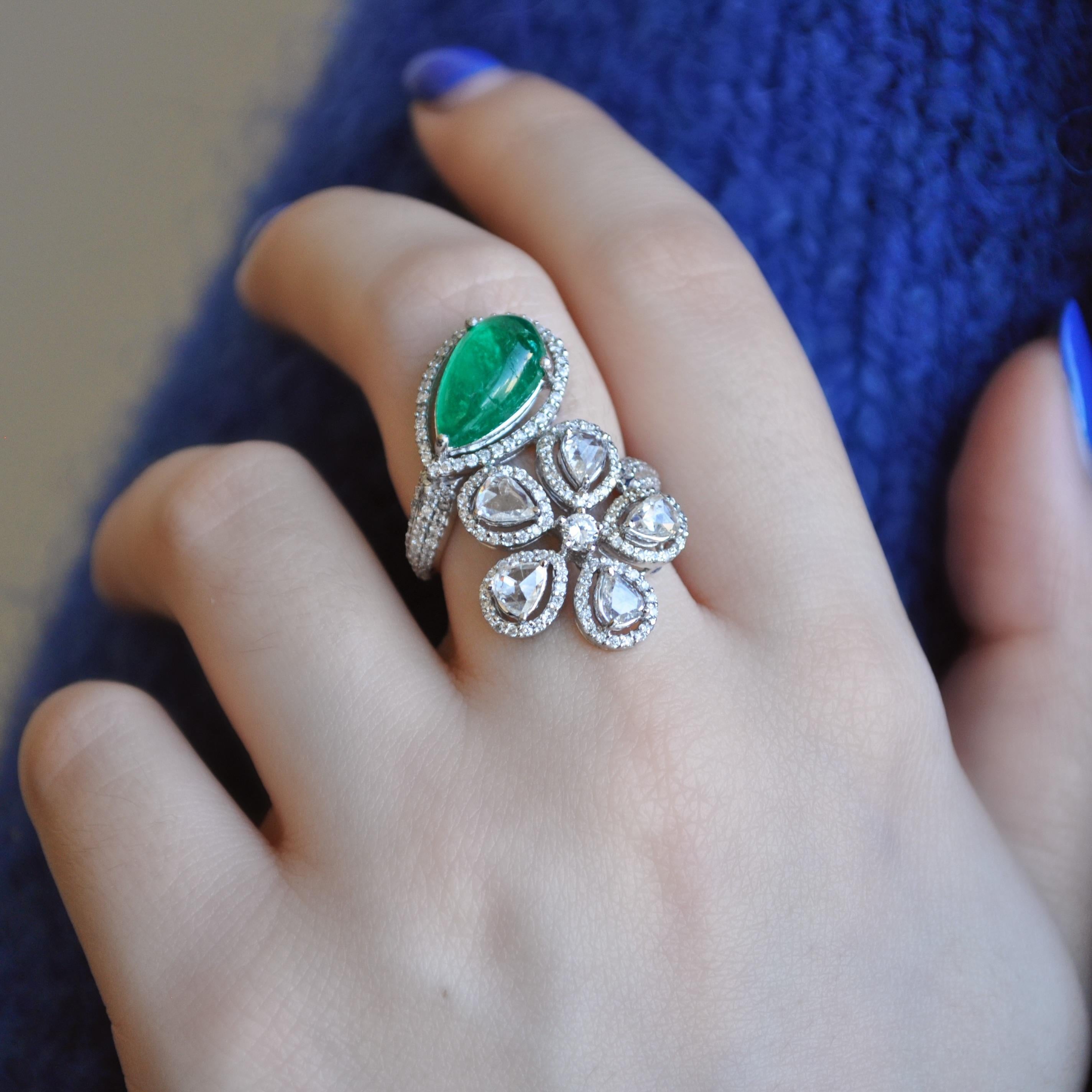Mixed Cut RUCHI Cabochon Emerald & Rosecut Diamond White Gold Flower Wrap-Around Ring For Sale
