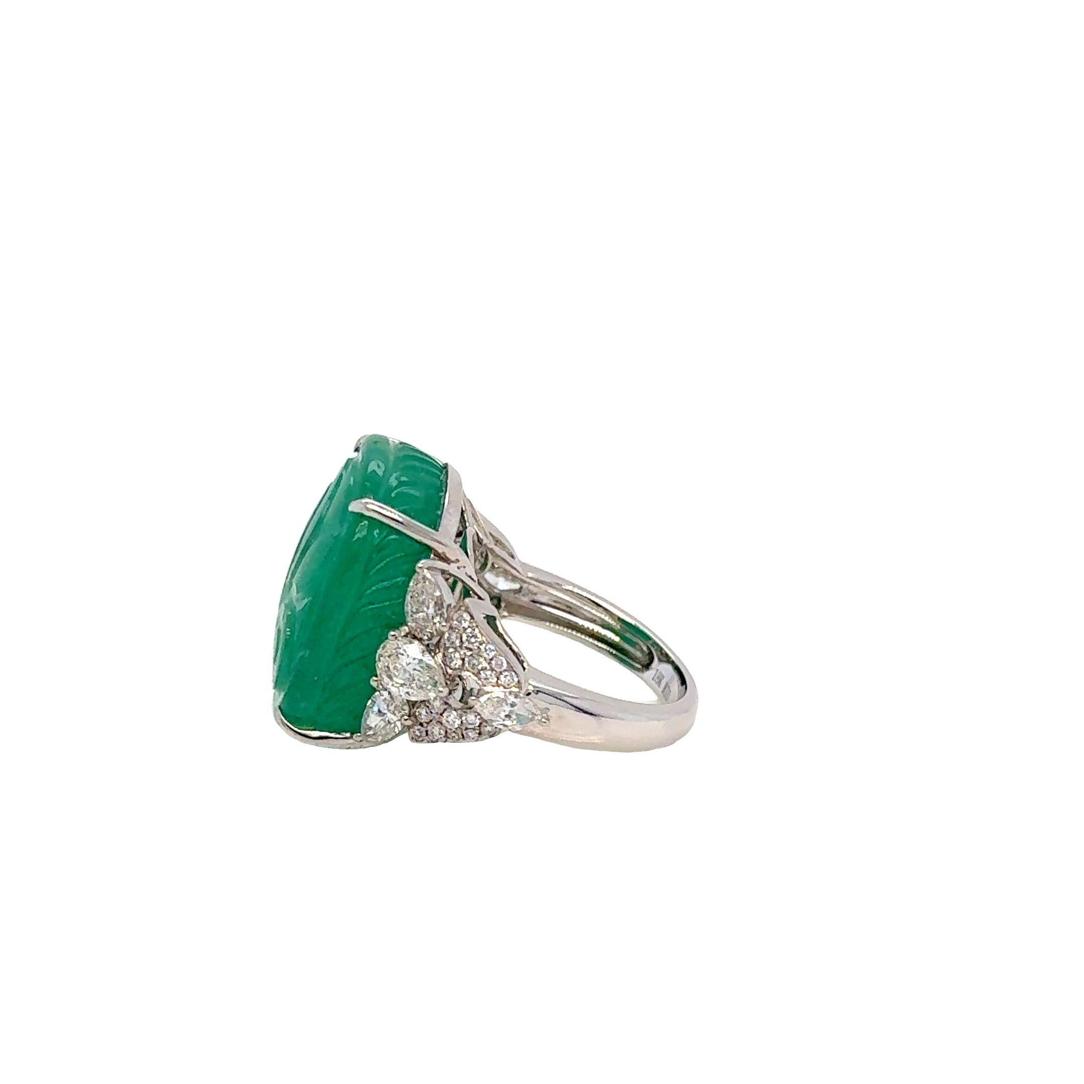 Mixed Cut RUCHI 29.62 Carat Colombian Emerald & Diamond White Gold Engraved Cocktail Ring For Sale