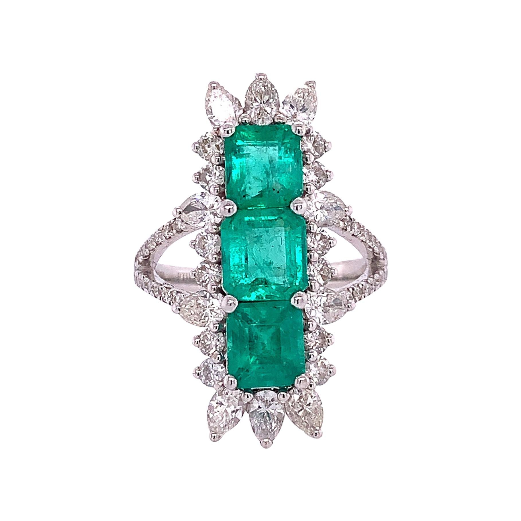 RUCHI Colombian Emerald & Diamond White Gold Elongated Cocktail Ring For Sale