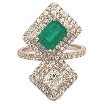 RUCHI Colombian Emerald & Princess Cut Diamond White Gold Cocktail Ring For Sale