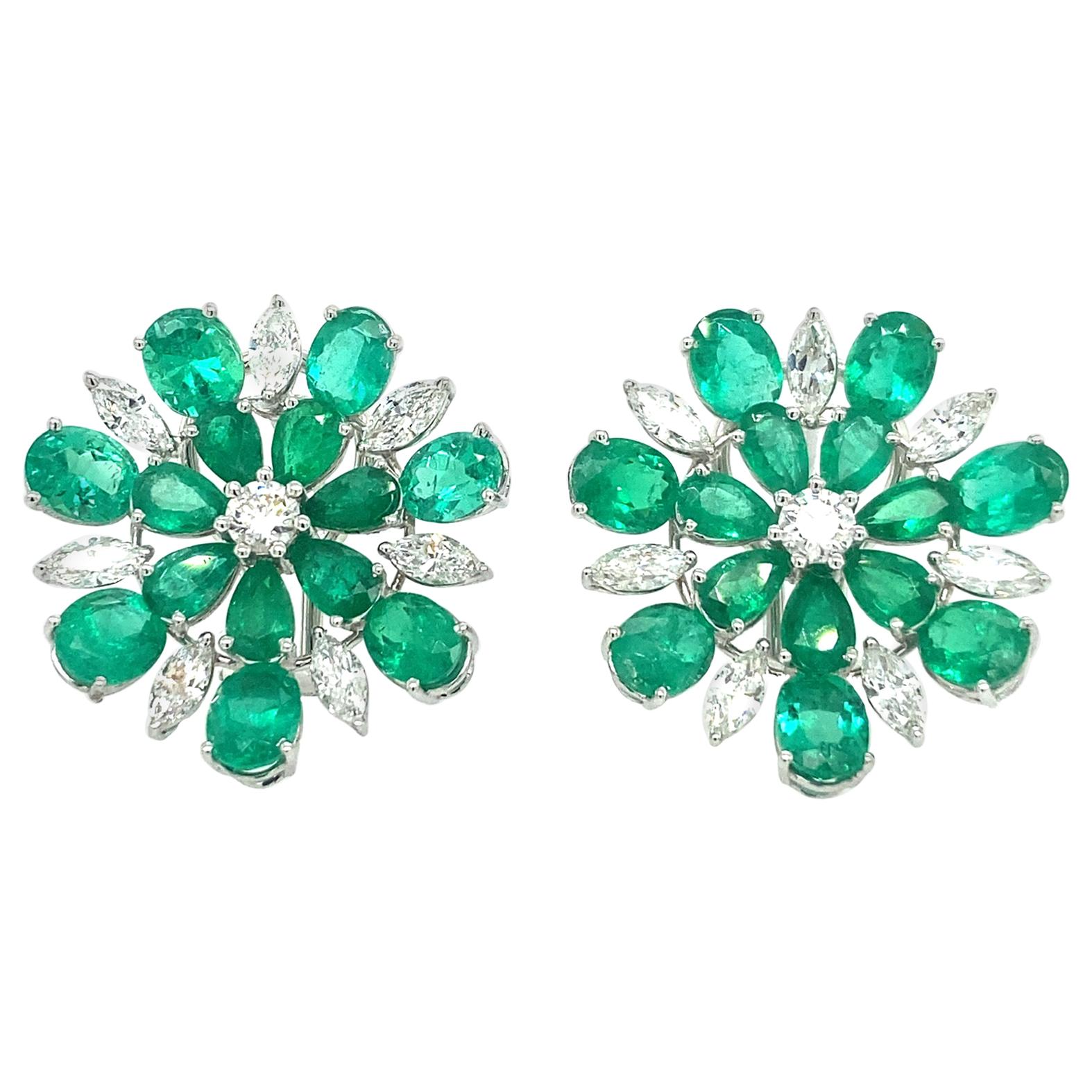 Emerald and Diamond Floral Motif Clip Earrings at 1stDibs