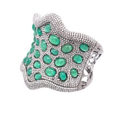 RUCHI Emerald Cabochon & Pavé Diamond Black Rhodium Gold Statement Cuff Bracelet