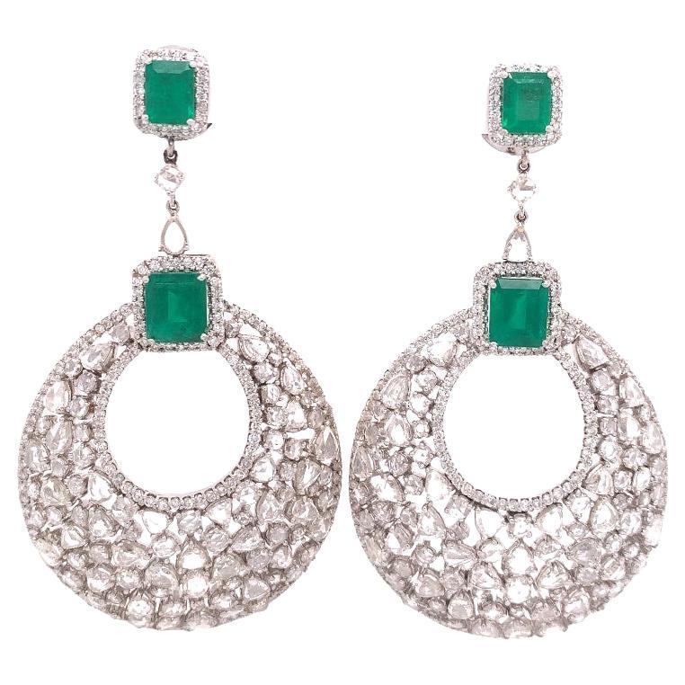 RUCHI Colombian Emerald and Rose-Cut Diamond White Gold Dangle Earrings For Sale