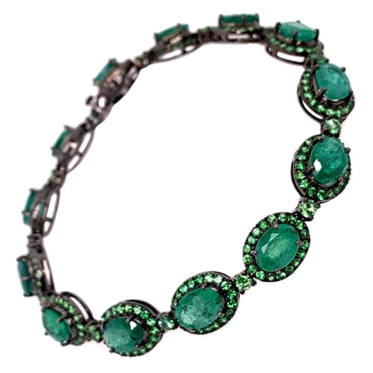 RUCHI Colombian Emerald and Pavé Green Garnet Black Rhodium Bracelet For Sale