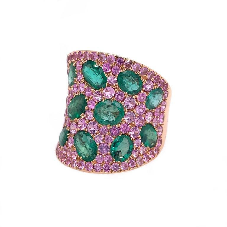 Cherry Blossom Collection

Big statements and fun colors. Bright green Emeralds perfectly paired with pink Sapphires. Set in 18K rose gold. US size 6.5.

Emeralds: 4.10ct total weight.
Pink Sapphires: 3.13ct total weight. 
