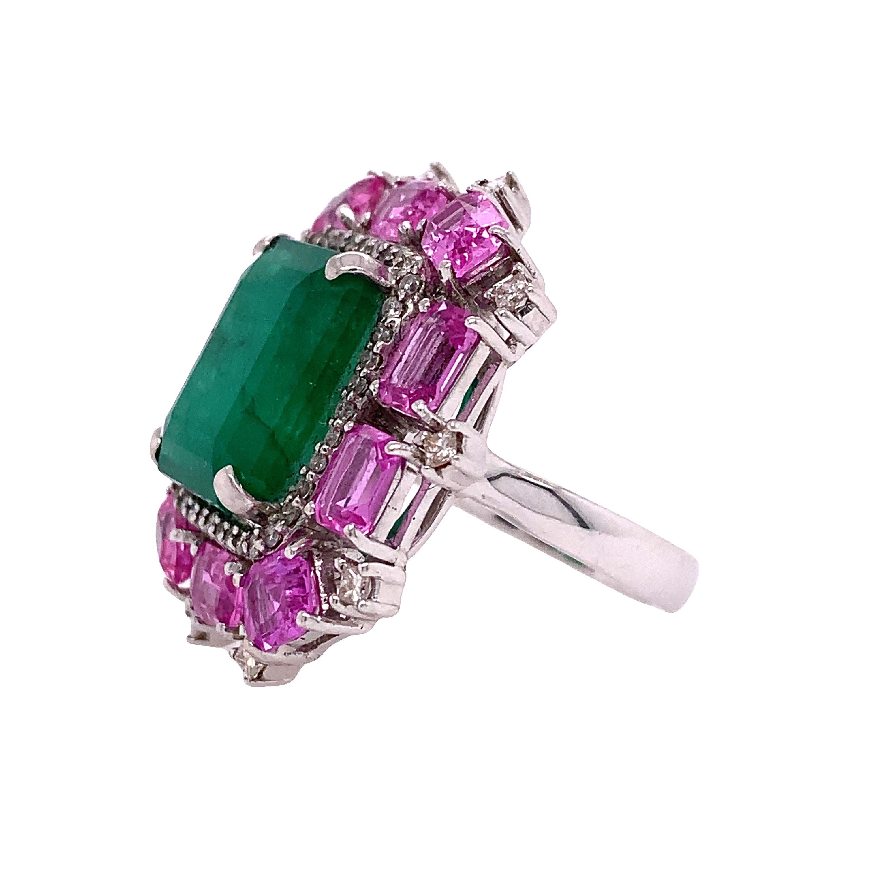 18K White Gold
Emerald: 9.35ct total weight
Pink Sapphire: 5.08ct total weight
Diamond: 0.62ct total weight
All diamonds are G-H/ SI stones