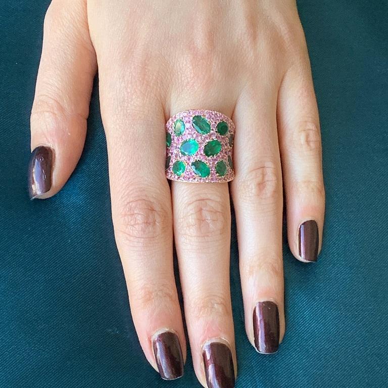 Oval Cut Ruchi New York Emerald and Pink Sapphire Cocktail Ring