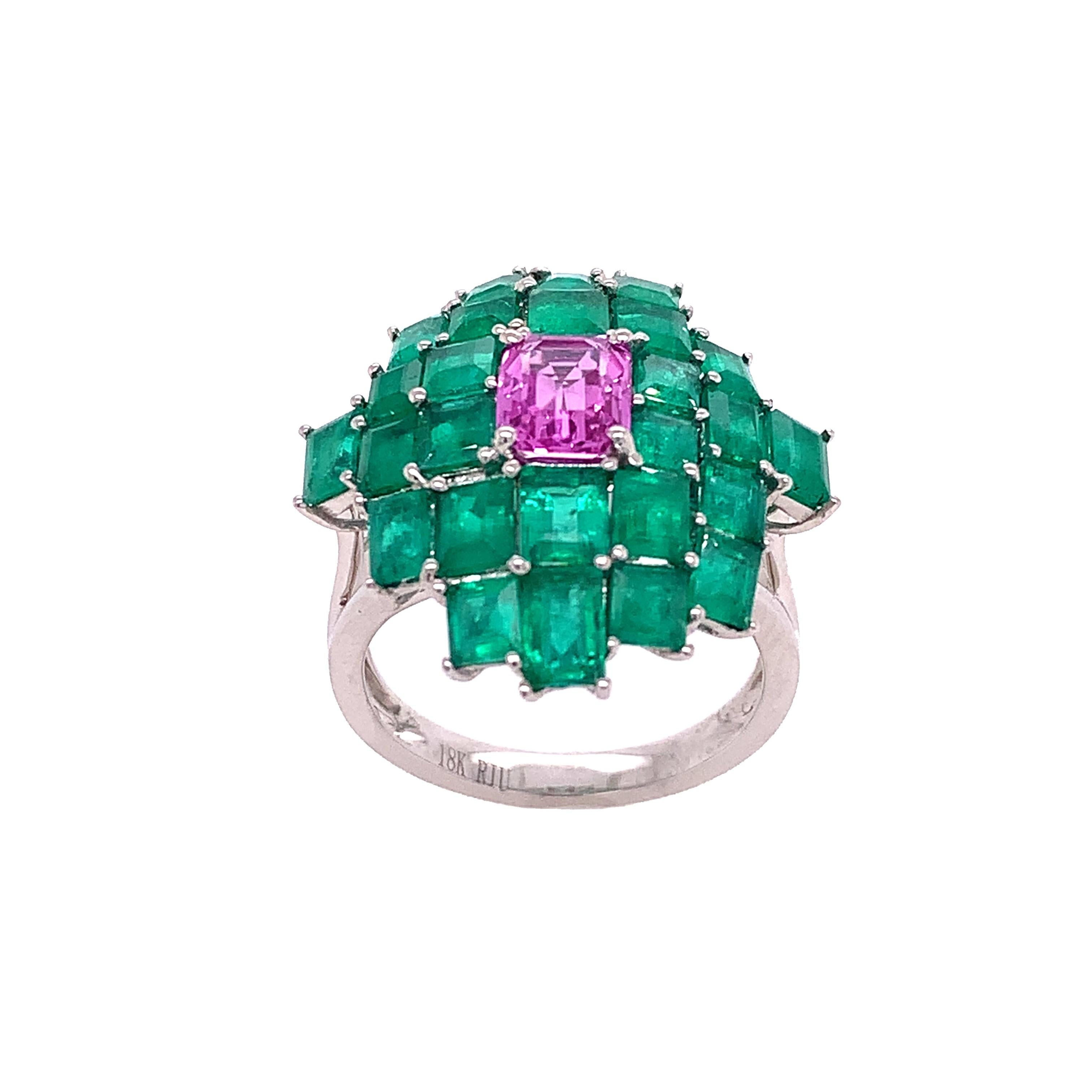 Contemporary RUCHI Colombian Emerald and Pink Sapphire White Gold Cocktail Ring For Sale