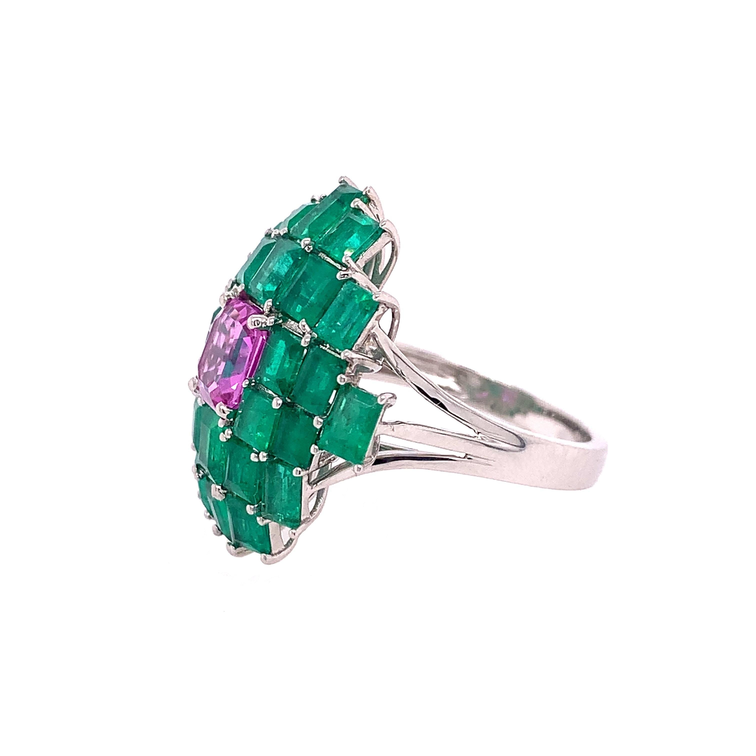 Emerald Cut RUCHI Colombian Emerald and Pink Sapphire White Gold Cocktail Ring For Sale