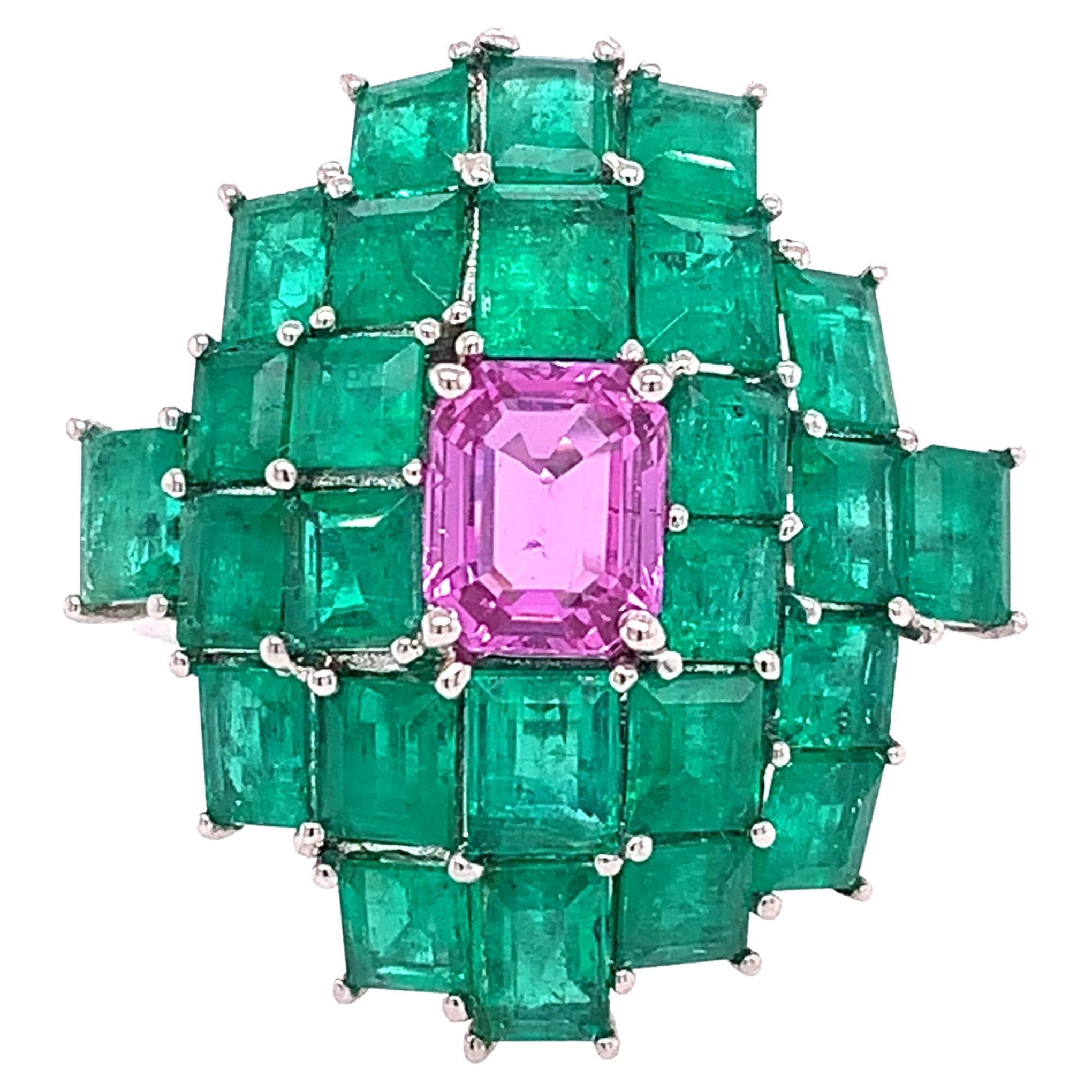 RUCHI Colombian Emerald and Pink Sapphire White Gold Cocktail Ring For Sale