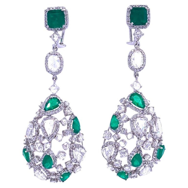 Ruchi New York Emerald and Rose Cut Diamond Chandelier Earrings