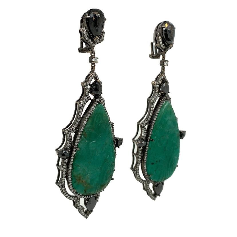 Contemporary RUCHI Carved Emerald, Black and White Diamond Black Rhodium Chandelier Earrings For Sale