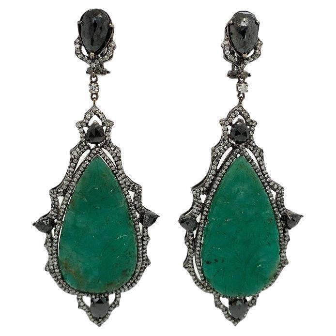 RUCHI Carved Emerald, Black and White Diamond Black Rhodium Chandelier Earrings For Sale
