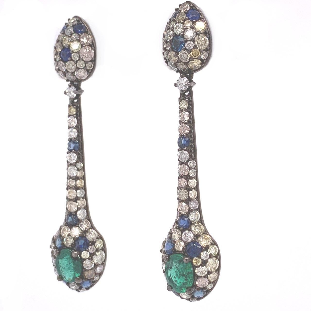 Contemporary RUCHI Pavé Emerald, Blue Sapphire & Diamond Black Rhodium Linear Dangle Earrings For Sale