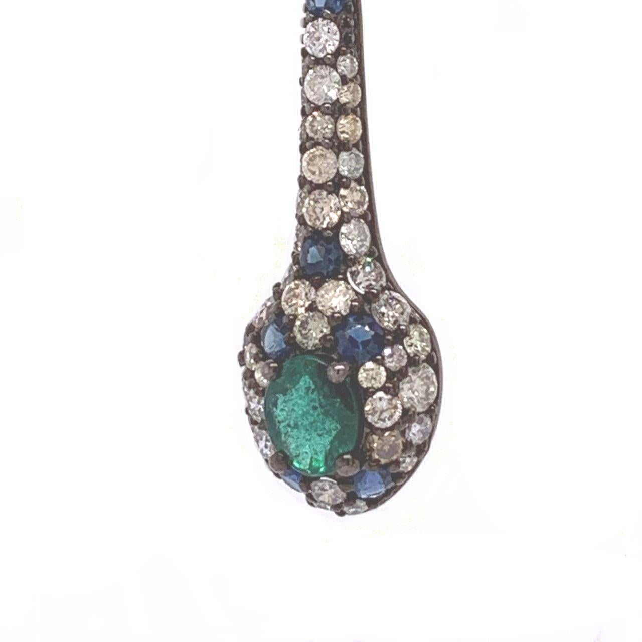 Round Cut RUCHI Pavé Emerald, Blue Sapphire & Diamond Black Rhodium Linear Dangle Earrings For Sale