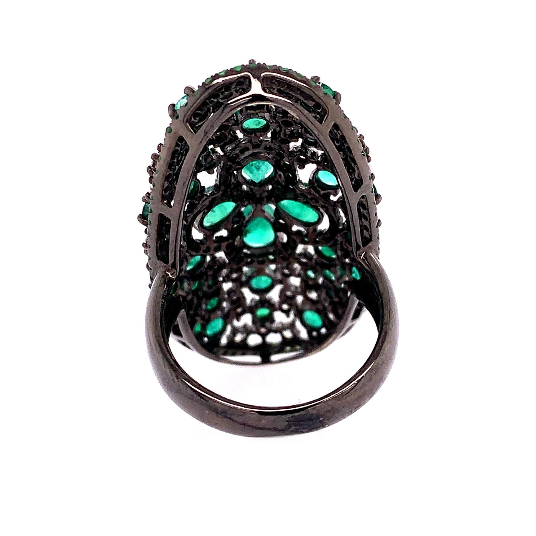 Emerald Cut RUCHI Emerald and Green Garnet Cluster Black Rhodium Gold Oval Cocktail Ring For Sale