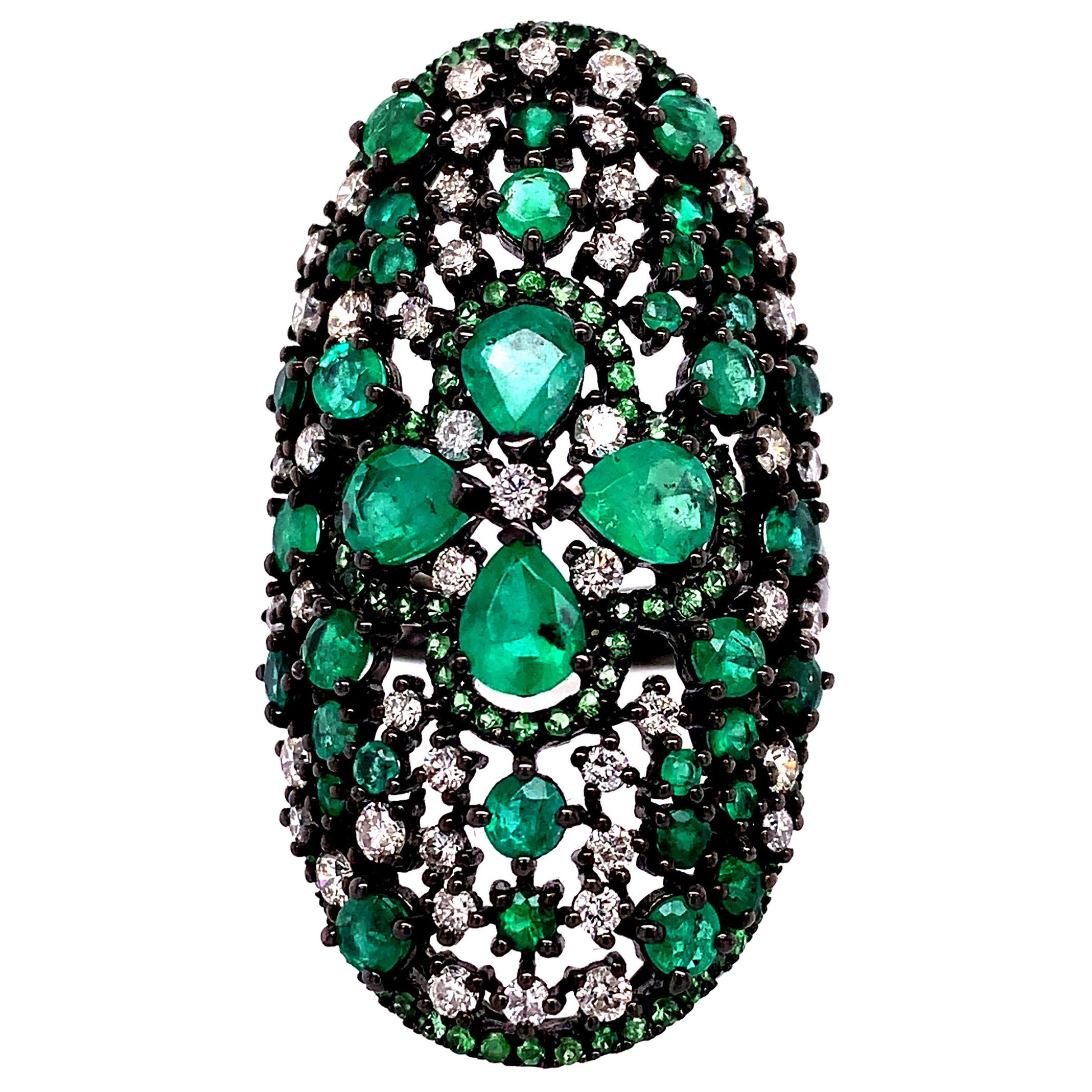 RUCHI Emerald and Green Garnet Cluster Black Rhodium Gold Oval Cocktail Ring For Sale