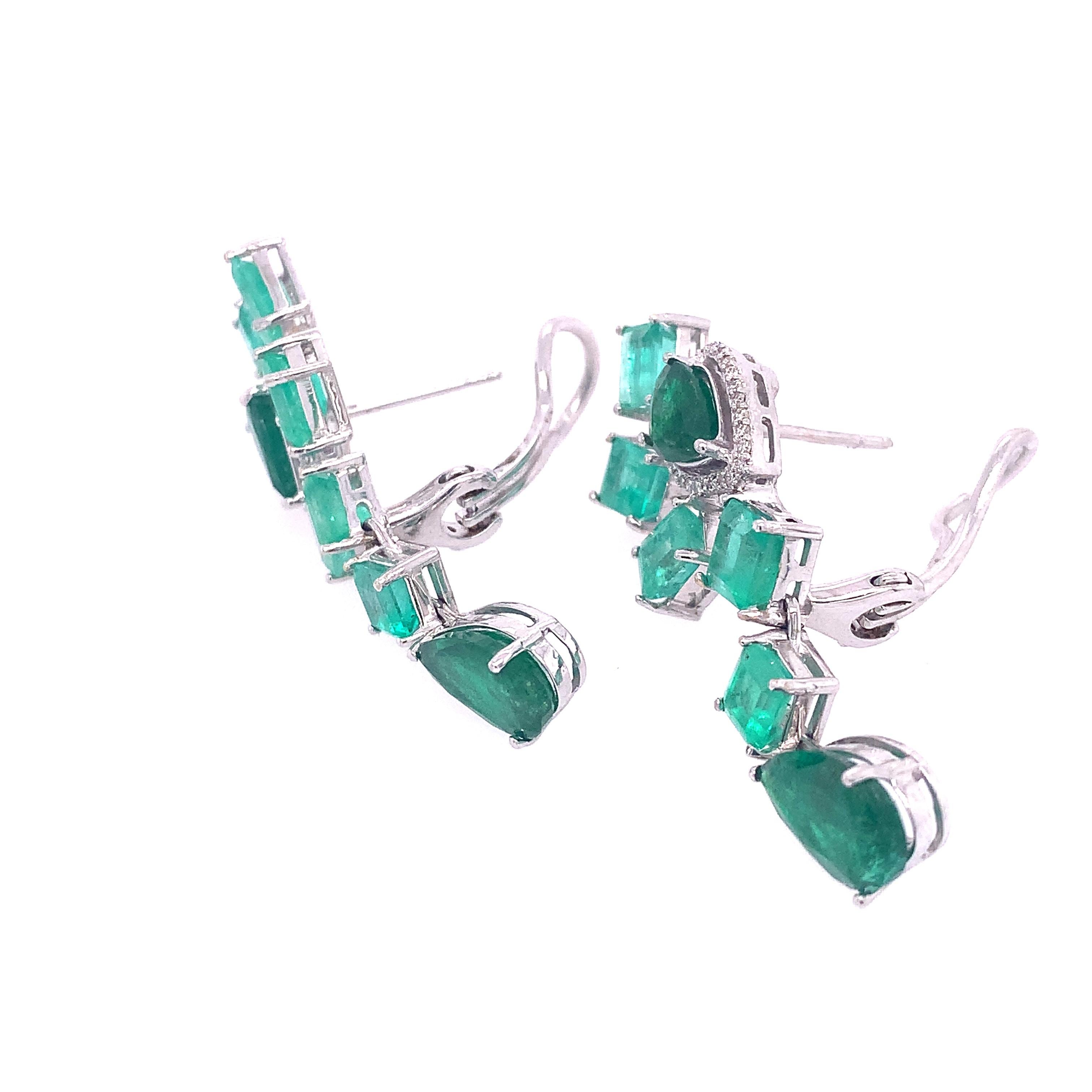 Contemporary RUCHI Mixed Shape Emerald with Diamond Accents White Gold Dangle Earrings For Sale