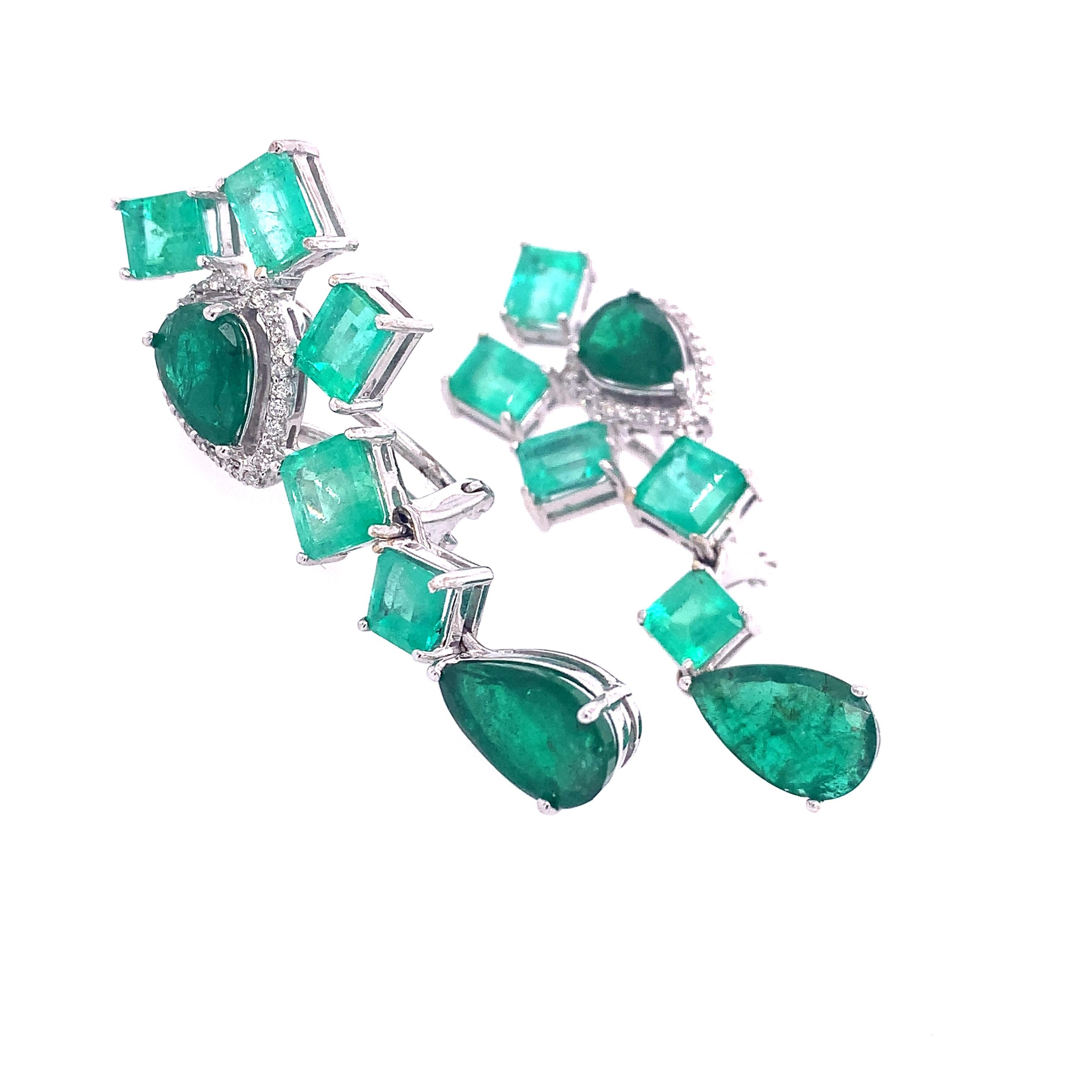 Mixed Cut RUCHI Mixed Shape Emerald with Diamond Accents White Gold Dangle Earrings For Sale
