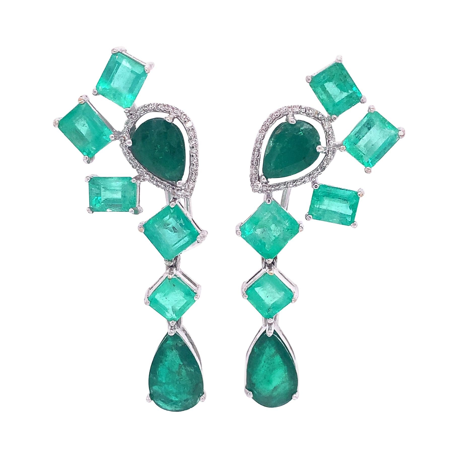 RUCHI Mixed Shape Emerald with Diamond Accents White Gold Dangle Earrings For Sale