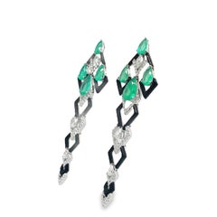 RUCHI Emerald, Diamond and Black Agate White Gold Drop Earrings