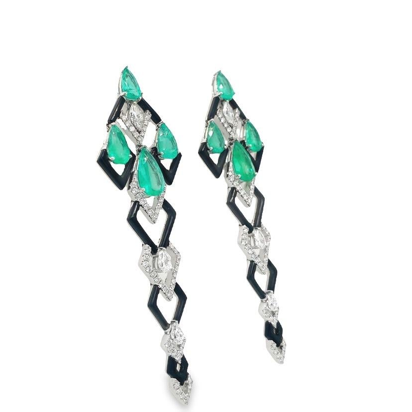 Contemporary RUCHI Emerald, Diamond and Black Agate White Gold Drop Earrings  For Sale