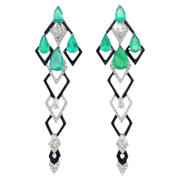 RUCHI Emerald, Diamond and Black Agate White Gold Drop Earrings  For Sale