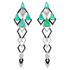 RUCHI Emerald, Diamond and Black Agate White Gold Drop Earrings 