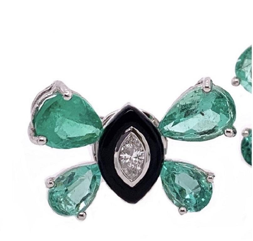 Pear Cut Ruchi New York Emerald, Diamond and Black Agate Butterfly Stud Earrings