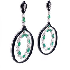 RUCHI Emerald, Diamond, and Black Agate White Gold Dangle Earrings
