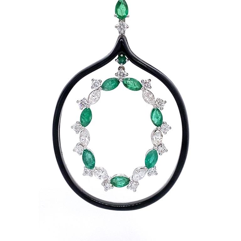 Contemporary RUCHI Emerald, Diamond, and Black Agate White Gold Dangle Earrings For Sale