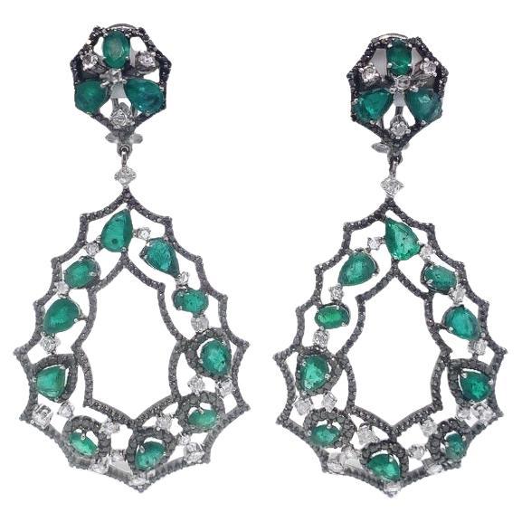 RUCHI Emerald, Diamond and Black Diamond Black Rhodium Chandelier Earrings