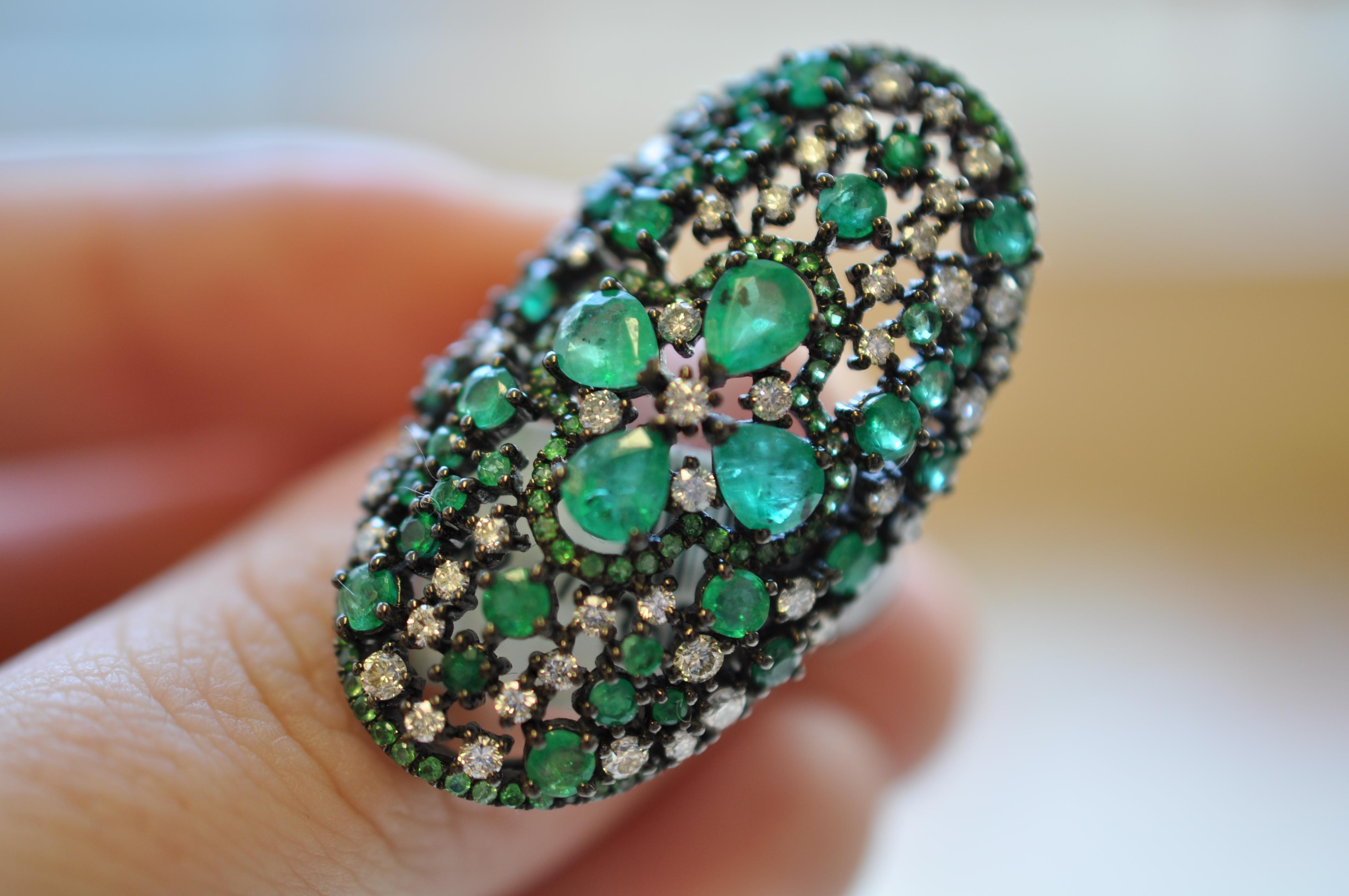Contemporary Ruchi New York Emerald, Diamond and Green Garnet Cocktail Ring For Sale