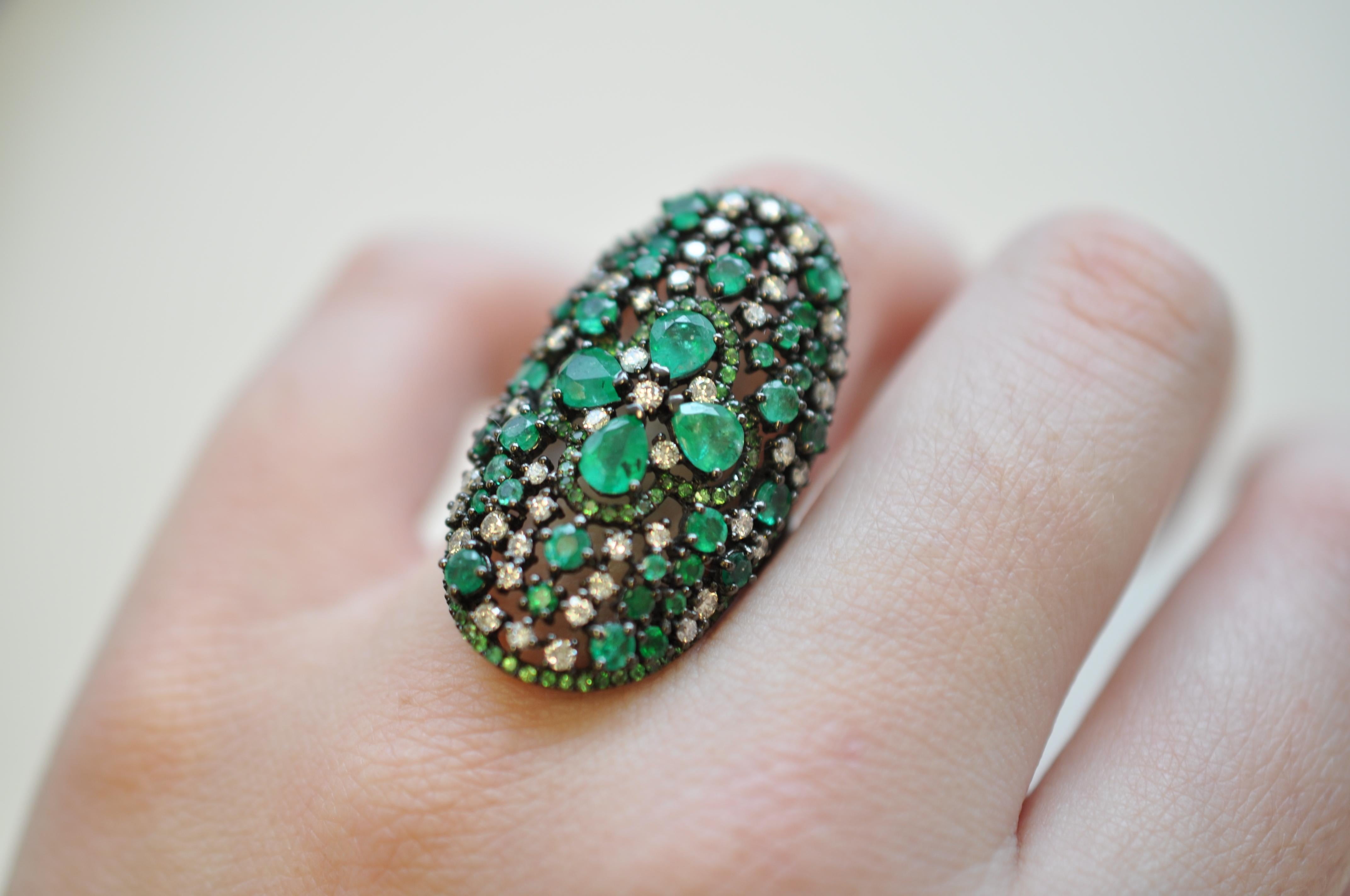 Pear Cut Ruchi New York Emerald, Diamond and Green Garnet Cocktail Ring For Sale