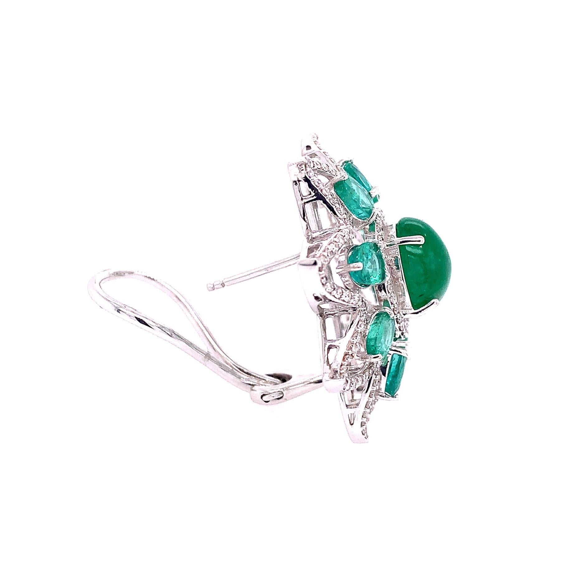 Contemporary RUCHI Emerald Cabochon & Diamond White Gold Flower Clip-On Stud Earrings For Sale
