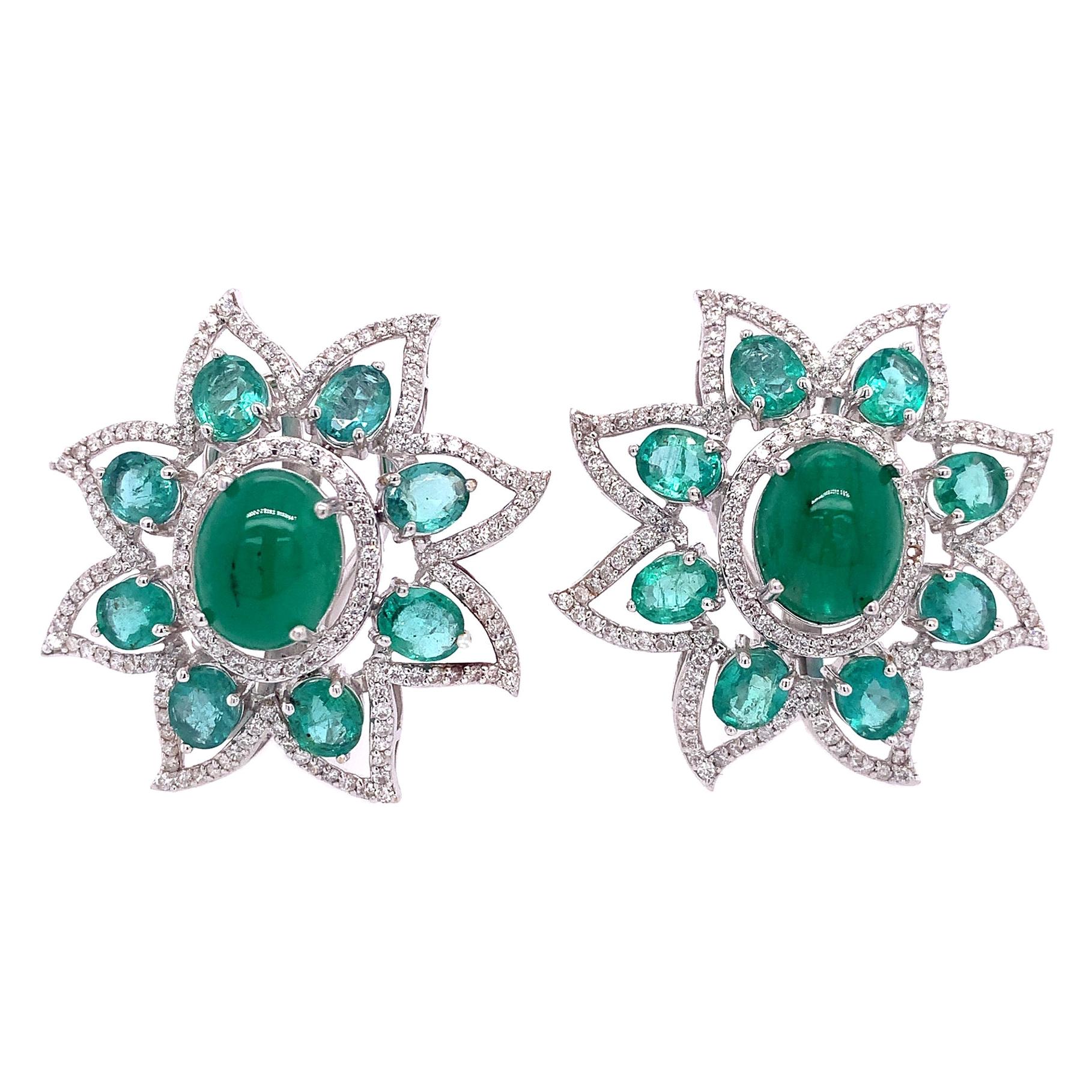 RUCHI Emerald Cabochon & Diamond White Gold Flower Clip-On Stud Earrings For Sale