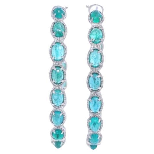 RUCHI Oval-Cut Emerald with Pavé Diamond White Gold Hoop Earrings For Sale