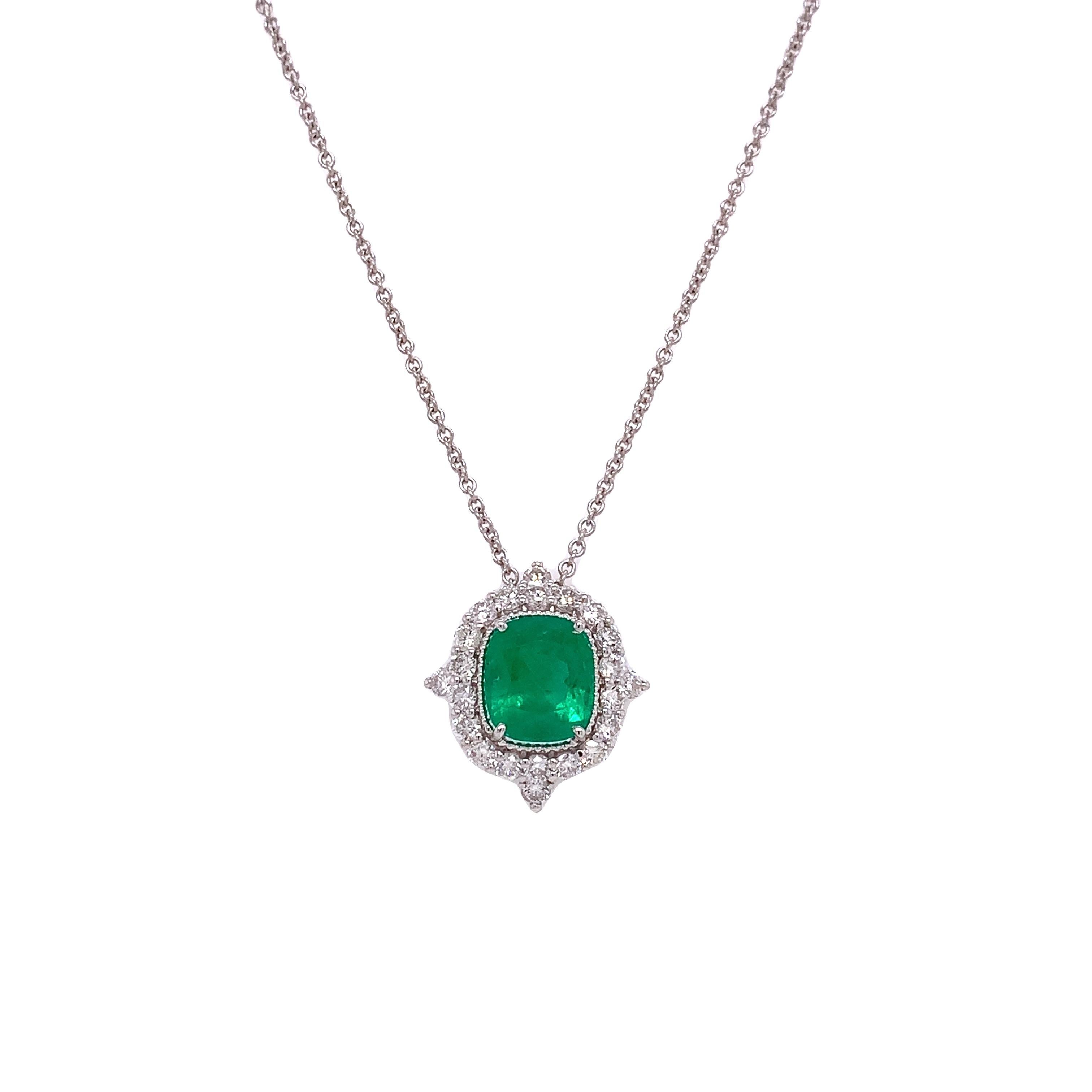 18K White Gold
Emerald: 1.82ct total weight
Diamond: 0.69ct total weight
All diamonds are G-H/ SI stones.
Chain Length: 16in to 18in