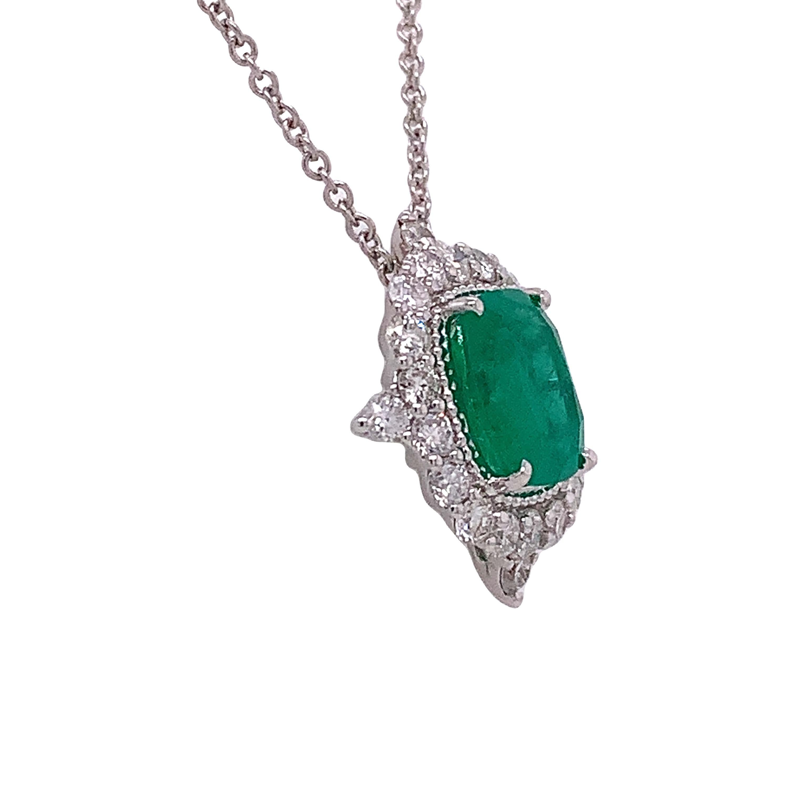 Contemporary RUCHI Emerald and Brilliant-Cut Diamond White Gold Pendant Necklace For Sale