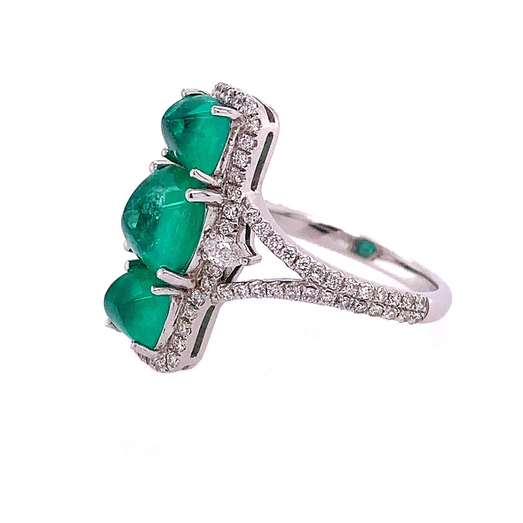 Contemporary RUCHI Colombian Emerald & Diamond White Gold Elongated Ring For Sale