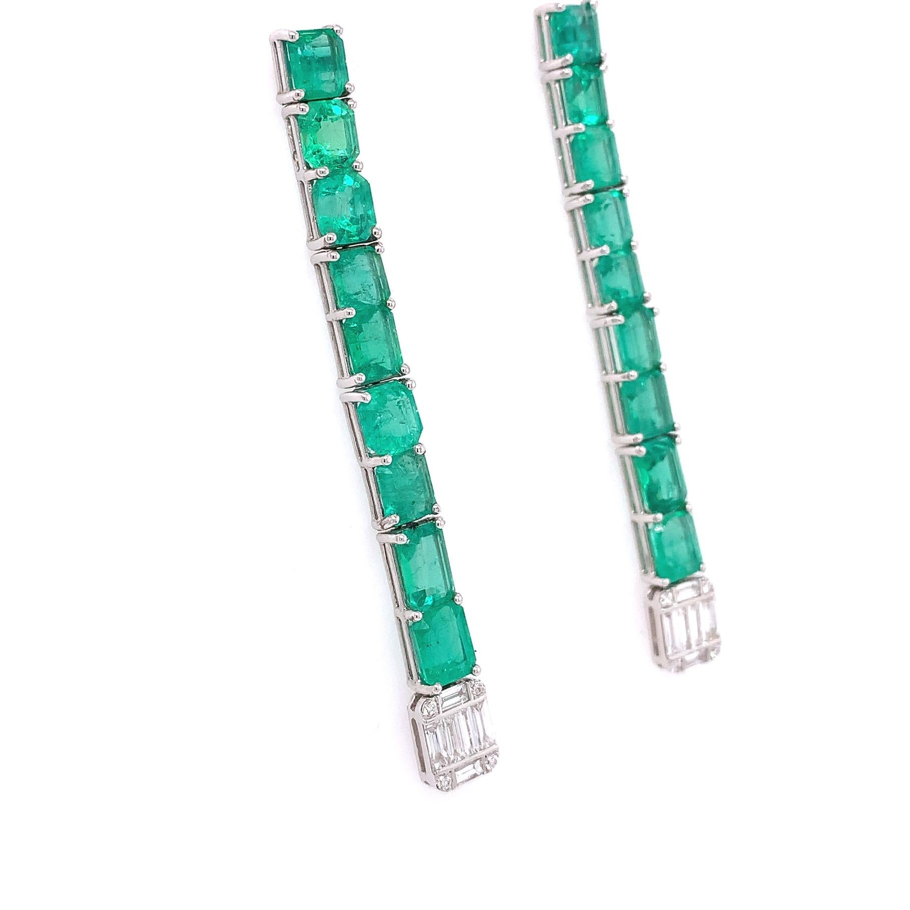 Jardin Collection,

Linear Emerald and Diamond earrings all set in 18k white gold.

Emerald: 9.61ct total weight.
Diamond: 0.86ct total weight.
All diamonds are G-H/SI stones.
