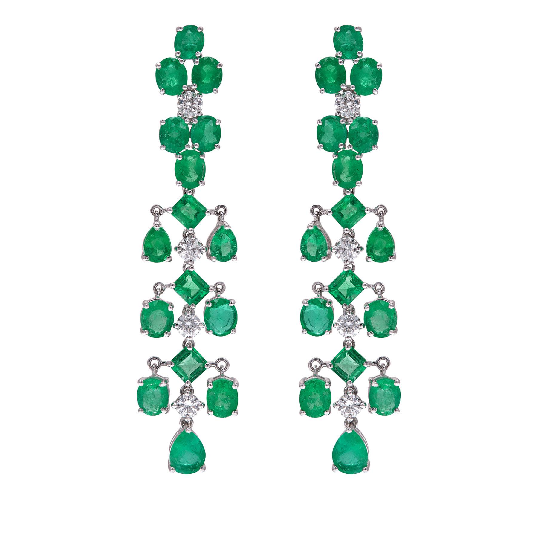 RUCHI Colombian Emerald and Diamond White Gold Chandelier Dangle Earrings For Sale