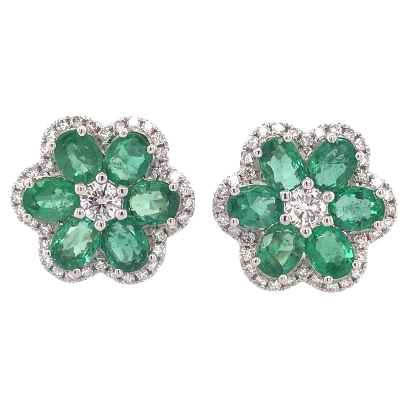 Ruchi New York 18k White Gold Emerald Diamond Flower Stud Earrings