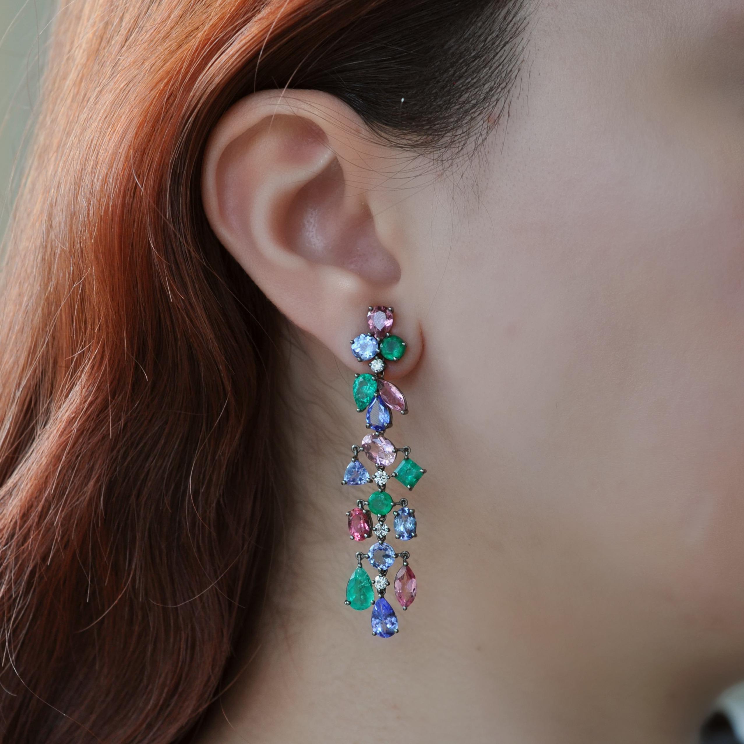 Contemporary RUCHI Emerald, Pink Tourmaline and Tanzanite with Diamonds Dangle Earrings For Sale