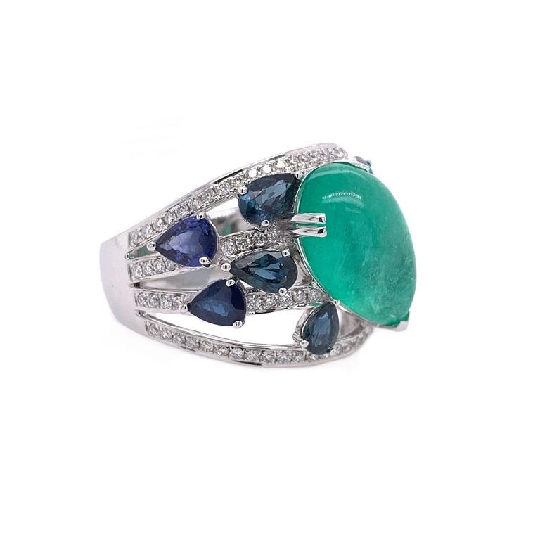 Contemporary RUCHI Colombian Emerald, Blue Sapphire and Diamond White Gold Cocktail Ring