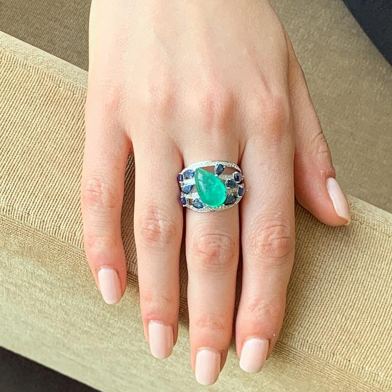 Mixed Cut RUCHI Colombian Emerald, Blue Sapphire and Diamond White Gold Cocktail Ring