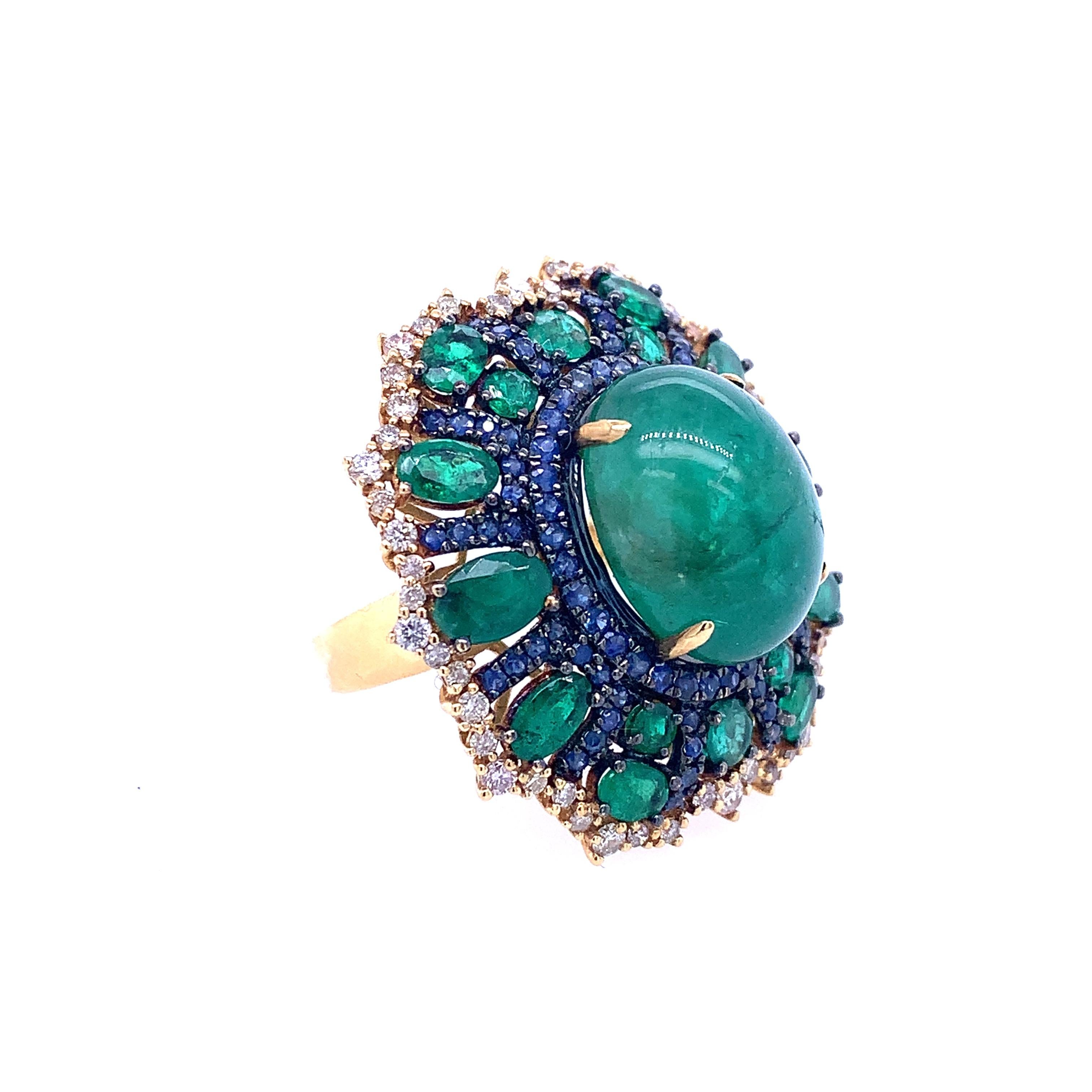 Contemporary RUCHI Emerald, Blue Sapphire and Diamond Yellow Gold Cocktail Ring For Sale