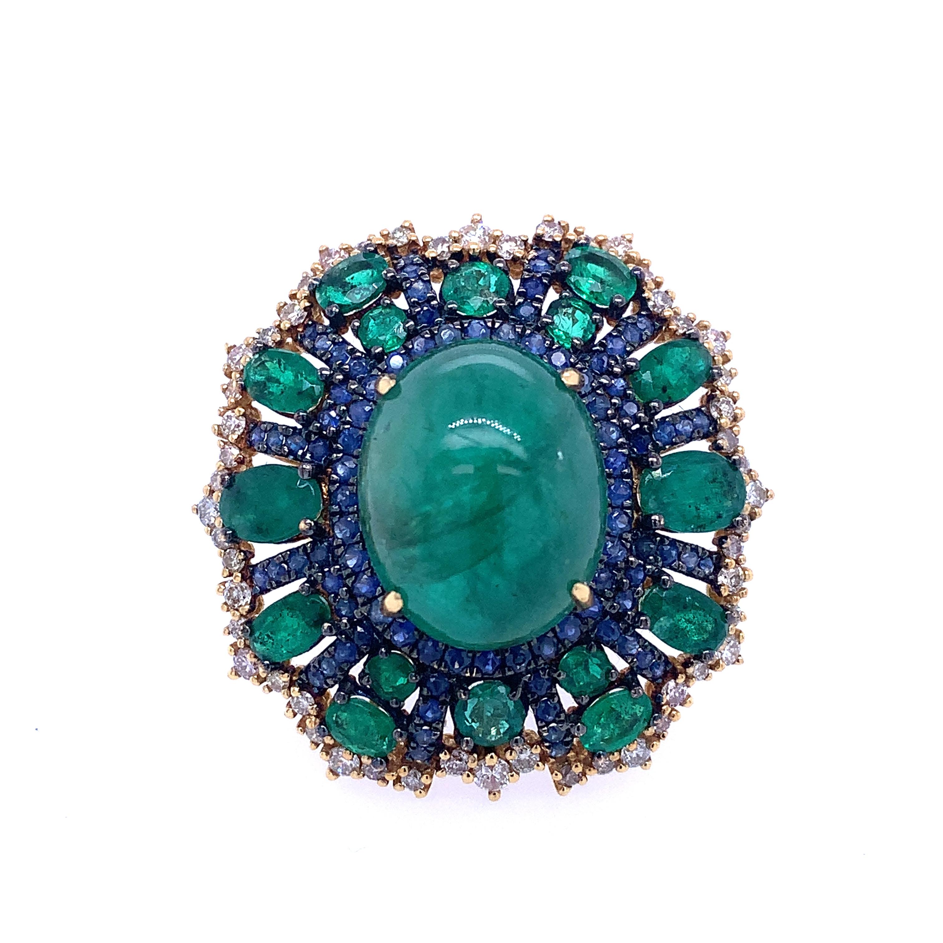 Mixed Cut RUCHI Emerald, Blue Sapphire and Diamond Yellow Gold Cocktail Ring For Sale