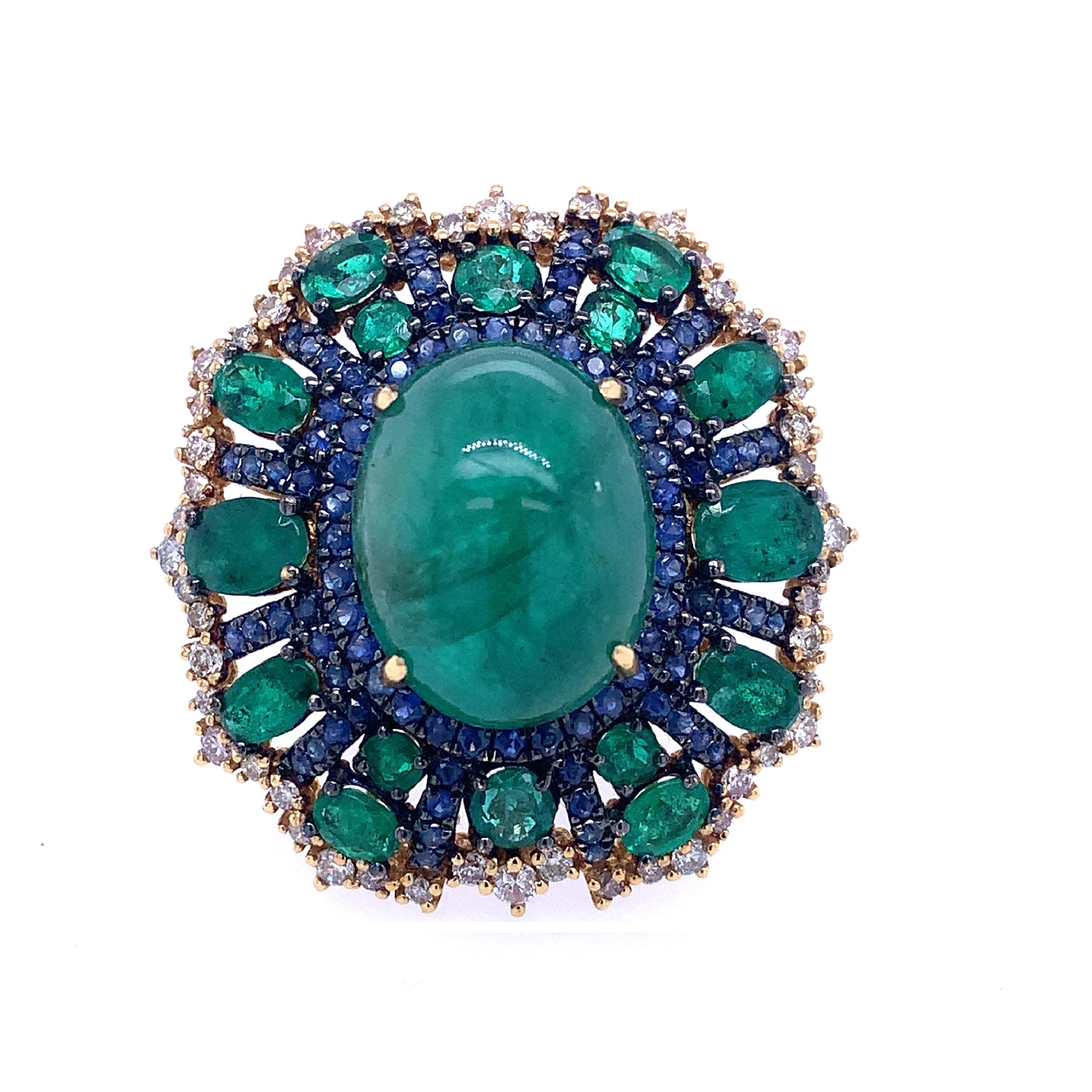 RUCHI Emerald, Blue Sapphire and Diamond Yellow Gold Cocktail Ring In New Condition For Sale In New York, NY